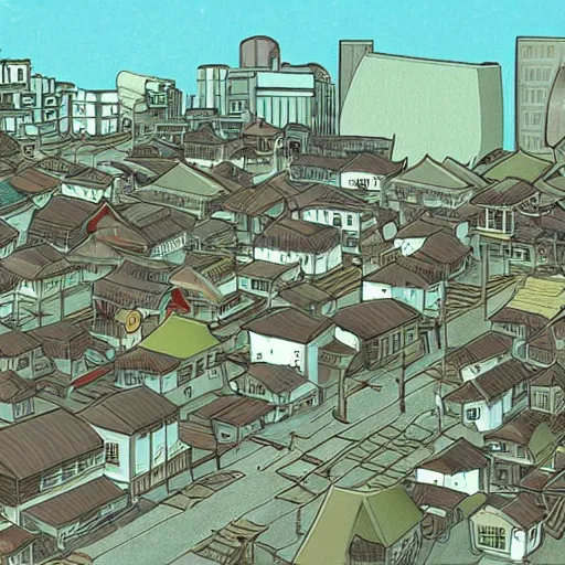 Image similar to japanese fishing town, japanese city, underground city, 2 0 0 1 anime, cel - shading, compact buildings, sepia sunshine