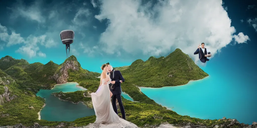 Image similar to a beautiful couple holding their hands on a cloud high above emerald lagoon of Sint-Marteen with a speaker with visible music coming from, mattepainting concept Blizzard, teal and orange tone, beautiful and breathtaking