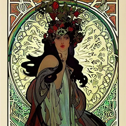 Image similar to persephone as goddess of death, painted by alphonse mucha