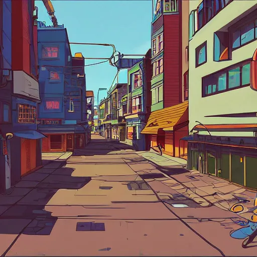 Prompt: city street, sloped street, city on mountainside, street scene, colorful buildings, cel - shading, 2 0 0 1 anime, flcl, jet set radio future, golden hour, japanese town, concentrated buildings, japanese neighborhood, construction site, cel - shaded, strong shadows, vivid hues, y 2 k aesthetic