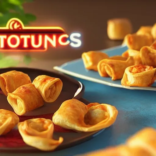 Image similar to totinos pizza rolls, photorealistic, highly details, intricate, unreal engine 5, cinematic, bokeh, volumetric lighting, epic, serious