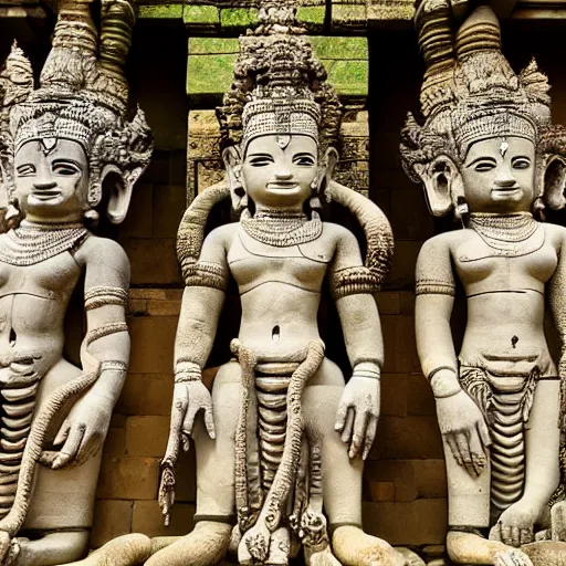 Image similar to angkor, asuras giant yaksha statues, front full body standing, holding snakes, photorealistic, photography hight quality, sharp, stones, award winning photography, canon, thierry rouzier