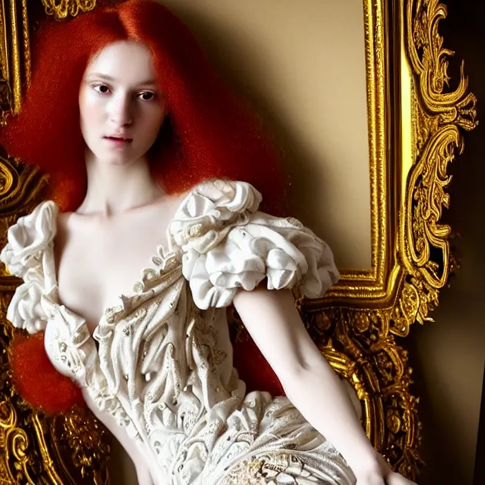 Image similar to photo portrait of a beautiful woman like a queen-ethereal-angel, dressed in long elegant intricate ornamental baroque white dress, natural skin tone, intricate fractal highly detailed baroque ornament in the upper side of breast, bust with a very long neck , elegant, highly detailed intricate baroque ornament in her red hair, Realistic, Refined, Highly Detailed, Cinematic Lighting, fine art photography by Paolo Roversi, volumetric studio lighting, hyper realistic photography