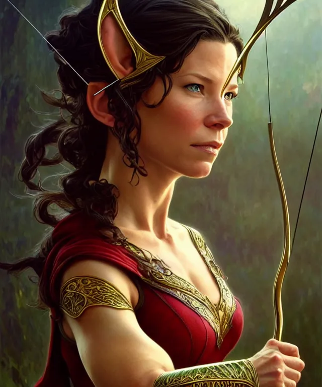 Prompt: Evangeline Lilly as a fantasy elf with a bow and arrow, portrait, fantasy, intricate, elegant, highly detailed, digital painting, artstation, concept art, smooth, sharp focus, illustration, art by artgerm and greg rutkowski and alphonse mucha