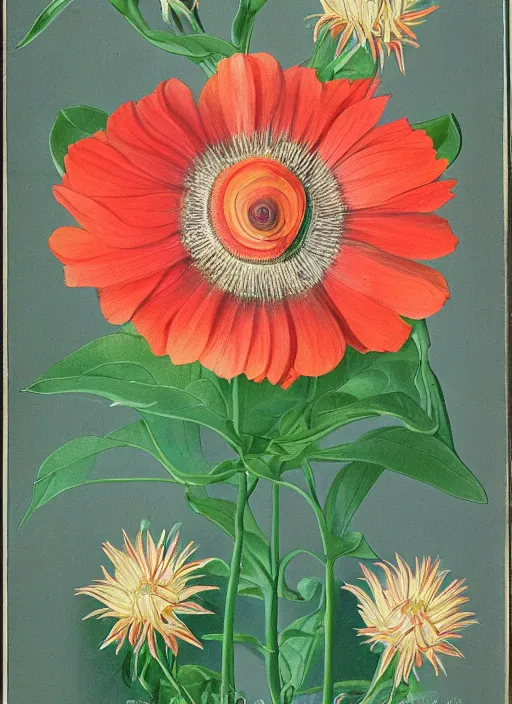 Image similar to fantasy scientific botanical illustration of colorful flower with a large, smiling mouth