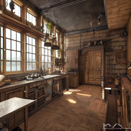 Prompt: steampunk kitchen, liminal space, high detail, rendered in unreal engine, 3d render, god rays, volumetric lighting, mansion, interior, large windows, rich house