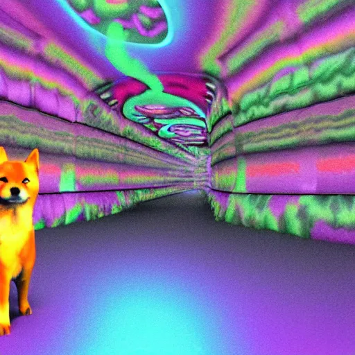 Image similar to two shiba inu in the psychedelic dmt fourth dimensional tunnel, octane 3 d render