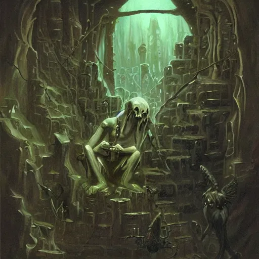 Image similar to a dark fantasy painting of a grue from zork