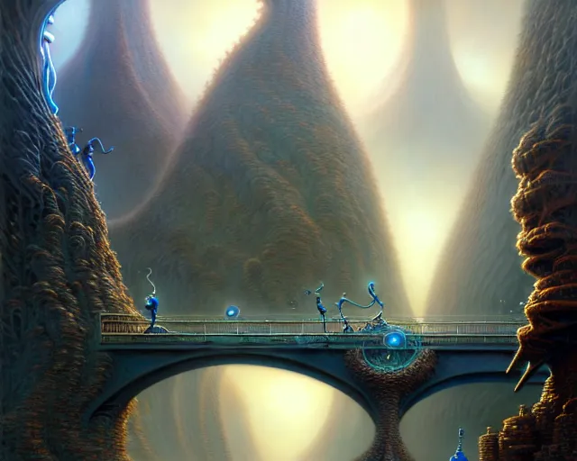 Image similar to street view of a bridge being held up by two hands, fantasy landscape made of fractals facing each other, ultra realistic, wide angle, intricate details, the fifth element artifacts, highly detailed by peter mohrbacher, hajime sorayama, wayne barlowe, boris vallejo, aaron horkey, gaston bussiere, craig mullins