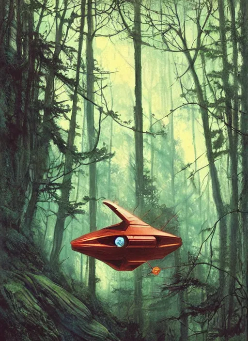 Image similar to hyper realistic spaceship in the woods by a river gorgeous lighting, lush forest foliage blue sky a hyper realistic painting by chiara bautista and beksinski and norman rockwell and greg rutkowski, weta studio, and lucasfilm