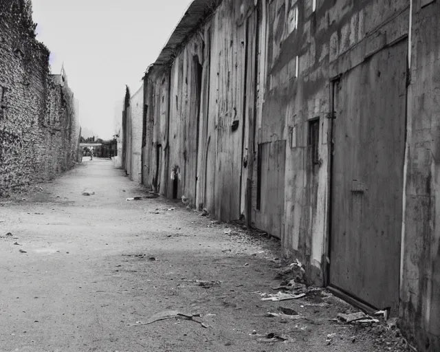 Image similar to beautiful minimalistic realistic photograph, abandoned cars park in a quiet alley by langdon clay, VSCO film grain