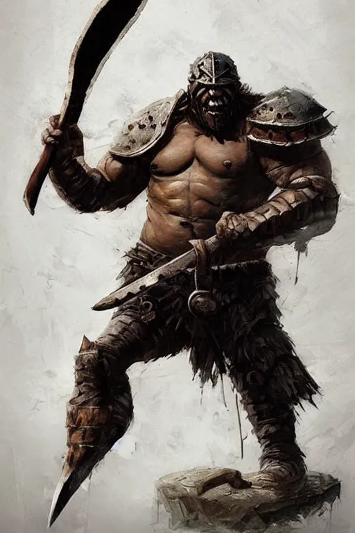 Image similar to a giant warrior in hide leather armor holding an axe, leaning against an ax, hatchet!!! concept art in style of Greg Rutkowski, painted by Frank Frazetta, John Singer Sargant