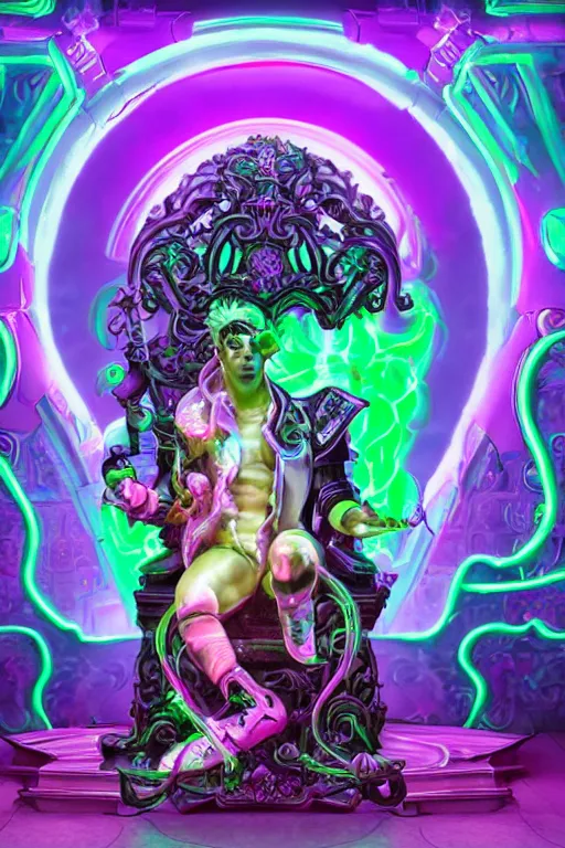 Prompt: fantasy rococo and cyberpunk style purple neon statue of a muscular attractive tan Nick Jonas fighting macho dotado android thrusting sim roupa con piroca dura, glowing pink face, white baseball cap, green steampunk lasers, emeralds, swirling white silk fabric. futuristic elements. prismatic liquid rainbow light, full-length view. space robots. human skulls. throne made of bones, intricate artwork by caravaggio. Trending on artstation, octane render, cinematic lighting from the right, hyper realism, octane render, 8k, depth of field, 3D