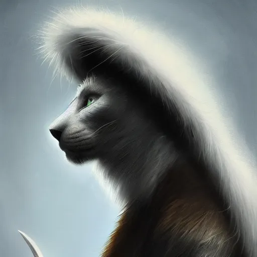 Prompt: portrait of a white panter with a very long fur and wizard hat, fantasy, trending on artstation, heroic pose, illustration, highly detailed, simple, 8k