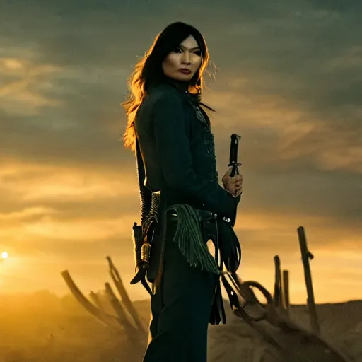 Prompt: gemma chan stars in a gunslinger spaghetti western, movie still, dramatic lighting, atmospheric dust, sunset