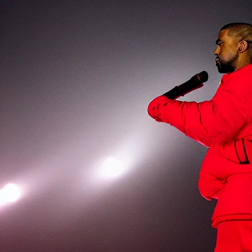 Image similar to kanye west wearing a red puffer jacket and red pants, standing in a stadium, white light shining on him