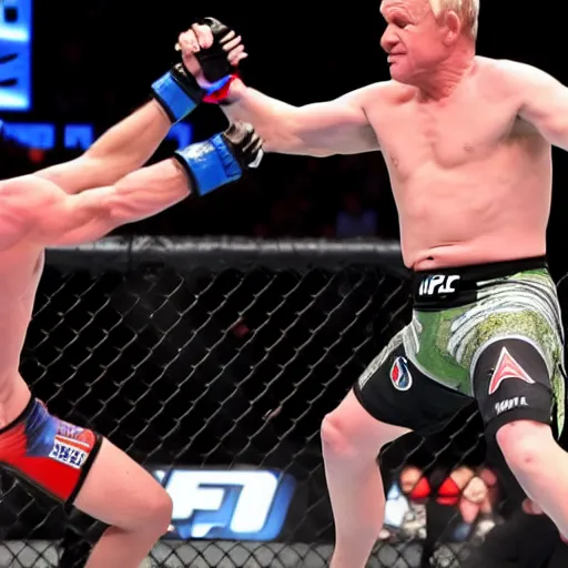 Prompt: action photo of Gordon Ramsay submitting Putin in the UFC title match on ESPN