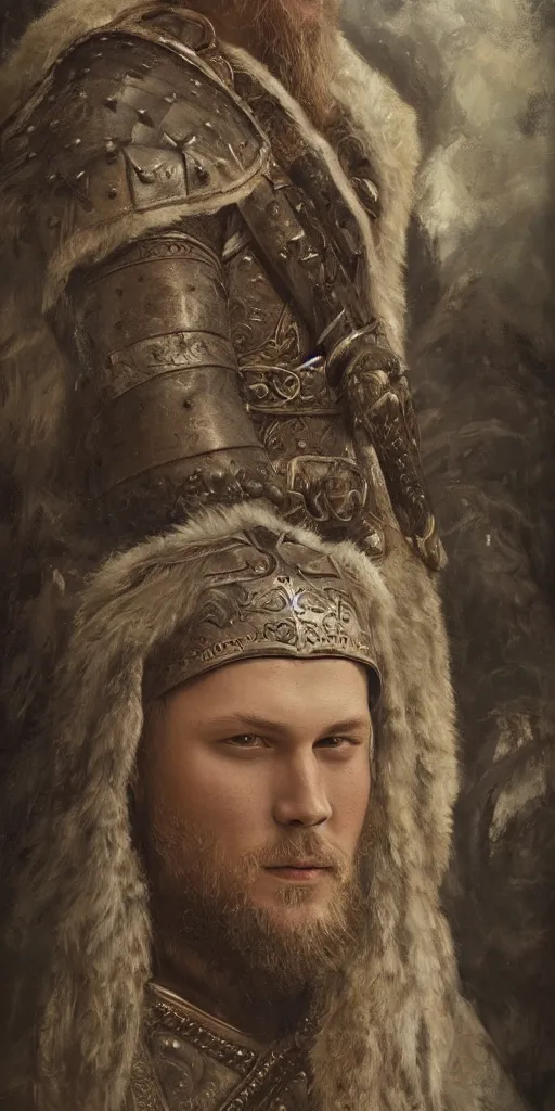 Image similar to a stunning and noble highly detailed romantic period style portrait of the Viking king Ragnar Lothbrok by Josep Tapiró Baró, trending on artstation, oil painting masterpiece, symmetry, fractals, Norse iconography