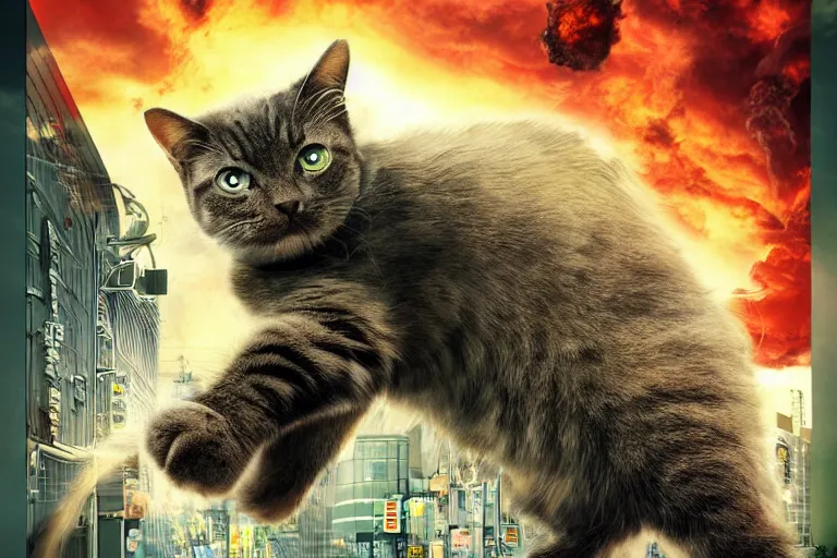 Image similar to cat attacking Tokyo, disaster movie poster, masterpiece, masterwork, cgstudio