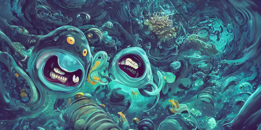 Image similar to of an intricate deep sea with strange cute friendly happy creatures with huge eyes, long tongue, round teeth and goofy funny face, appearing from the background, in the style of gehry and gaudi, macro lens, shallow depth of field, ultra detailed, digital painting, trending artstation, concept art, illustration, cinematic lighting, photorealism, epic, octane render