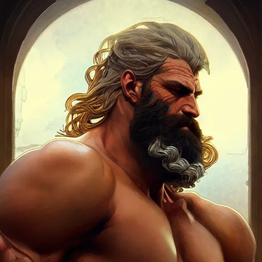 Image similar to portrait of rugged zeus, greek god d & d, muscular, fantasy, intricate, elegant, highly detailed, digital painting, artstation, concept art, smooth, sharp focus, illustration, art by artgerm and greg rutkowski and alphonse mucha