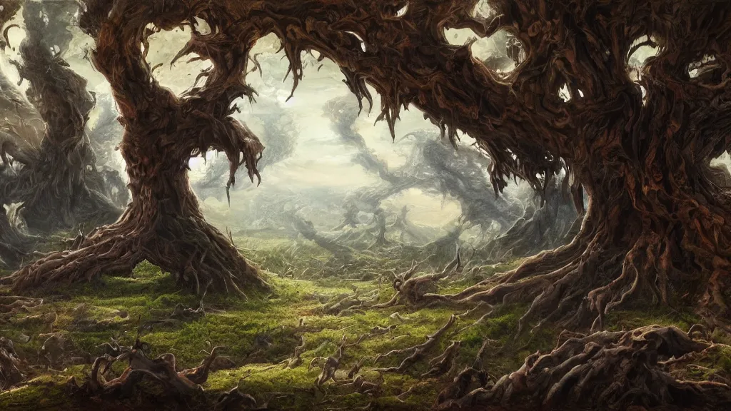Prompt: half of the world is alive and the other half of the world is dead, it is split in half by a giant tree, highly detailed oil painting, epic fantasy art, abstraction, masterpeice, 8k