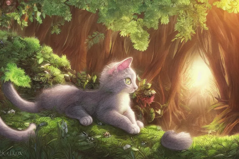 Image similar to a cat in a forest, highly detailed, digital art, trending on artstation, backlighting, by kawacy, by ken sugimori, fan art