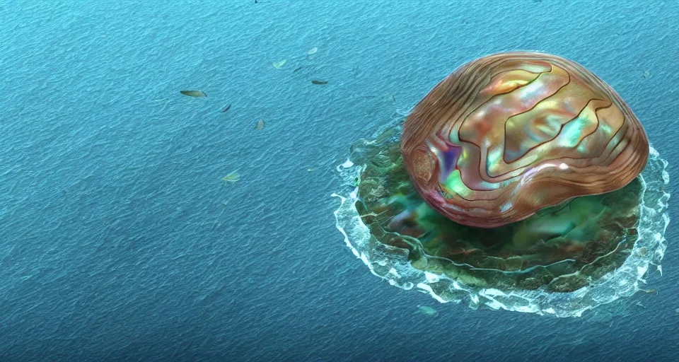 Image similar to giant abalone - shaped seashell house in the ocean, cell shaded, concept art, 3 d