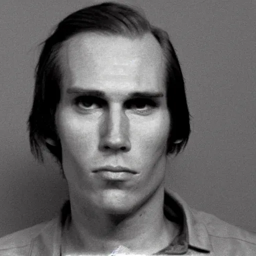 Prompt: A mugshot portrait of a man who looks like Jerma985 with medium length wavy hair, a combover and wearing late 1970s popped collared menswear in the late 1970s, taken in the late 1970s, grainy, realistic, hyperrealistic, very realistic, highly detailed, very detailed, extremely detailed, detailed, digital art, trending on artstation, front facing, front view, headshot and bodyshot, detailed face, very detailed face