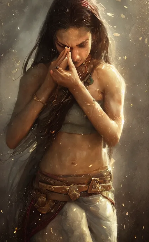 Image similar to The most beautiful arabian warrior girl in the world crying water,digital art,ultra realistic,ultra detailed, ultra wide Lens, art by greg rutkowski