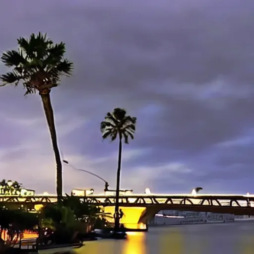 Image similar to blue hour, mostly cloudy sky, palm trees, bridge, curved bridge, dusk, oceanfront bridge, 2 4 0 p footage, 2 0 0 6 youtube video, 2 0 0 6 photograph, grainy low quality photograph, home video