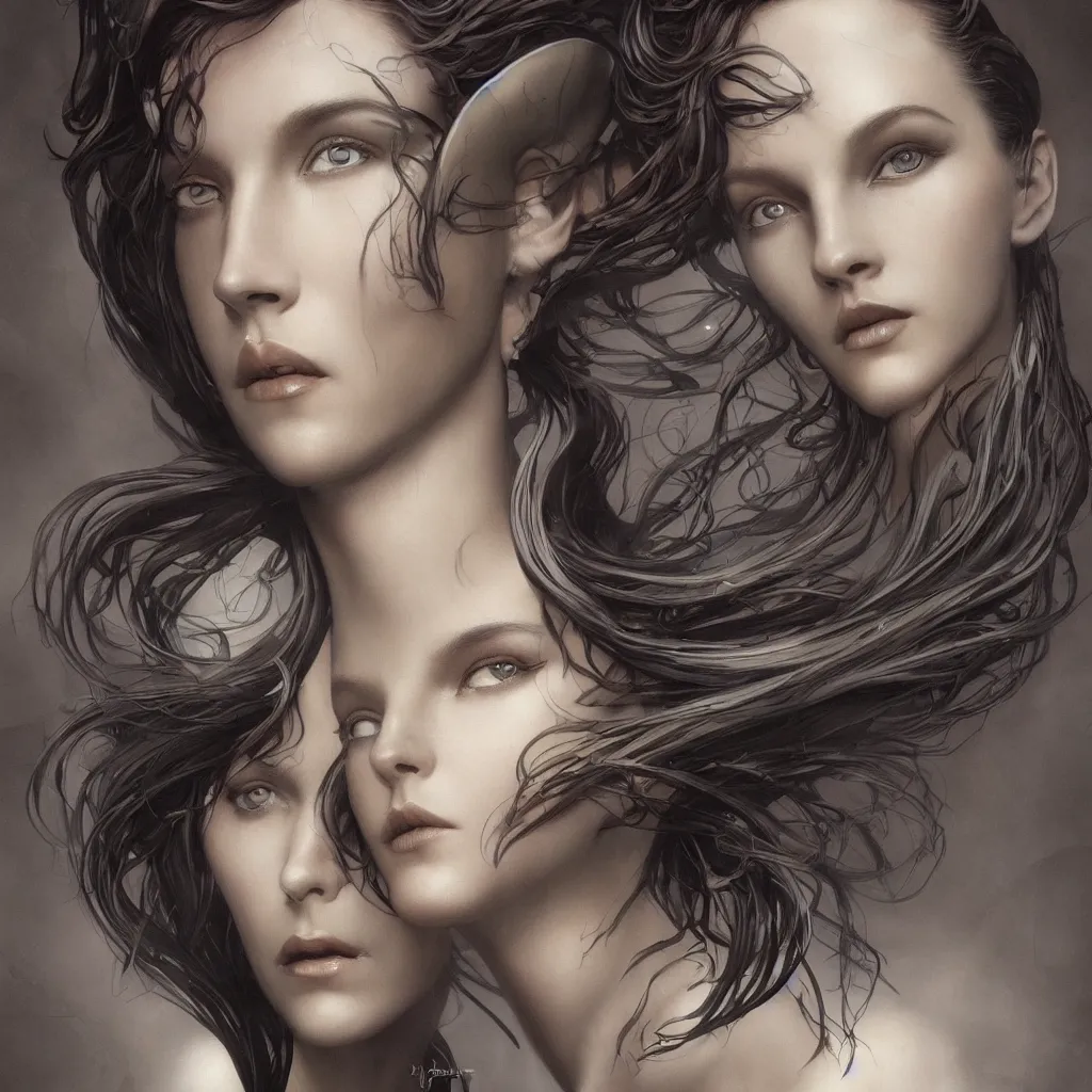 Image similar to a dramatic art nouveau edged bust portrait of a seductive alien space goddess, perfectly symmetrical facial features, beautiful confident eyes, photorealism, by adam hughes, frank frazetta and james cameron, sensual volumetric lighting, vray render, zbrush, artstation, deviantart, season of mist, blade runner, the matrix