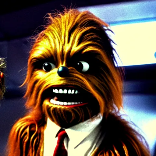 Image similar to mr. bean as chewbacca from star wars. movie still. cinematic lighting.