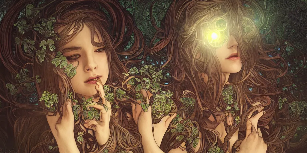Image similar to scary plant people by artgerm, ominous nightmare, intense lighting, light beams, lens flare, intricate tendrils by alphonse mucha, elegant, highly detailed, digital painting, artstation, concept art, smooth, sharp focus, illustration, art by serpentigena and alphonse mucha