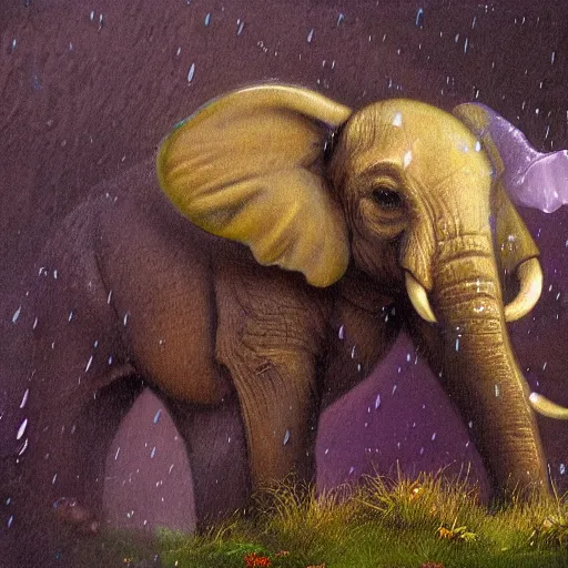 Image similar to purple elephant running stuck in a cave, close up camera angle, raining, mountain behind meadow, menacing, illustration, detailed, smooth, soft, cold, by Adolf Lachman, Shaun Tan, Surrealism