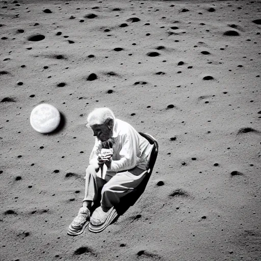 Image similar to an elderly man eating an ice cream on the surface of the moon, 🌕, 🍦, canon eos r 3, f / 1. 4, iso 2 0 0, 1 / 1 6 0 s, 8 k, raw, unedited, symmetrical balance, wide angle