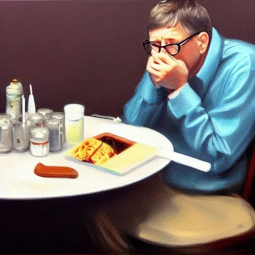 Prompt: an hyper realistic oil painting of Bill Gates eating syringes for breakfast, sitting at a table with a plate full of syringes, looking very sad, trending on artstation,