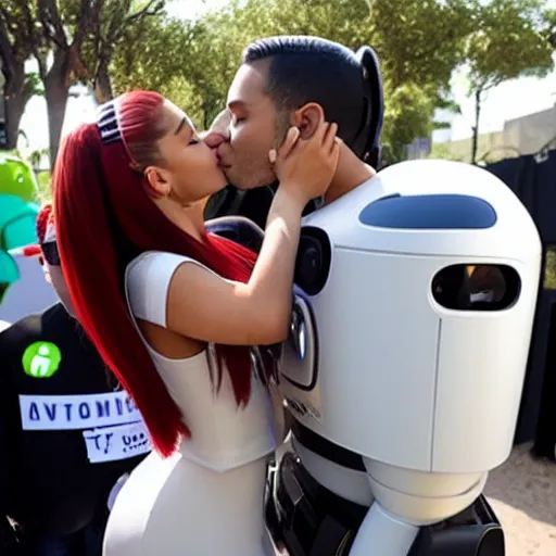 Prompt: ariana grande kissing an android robot mascot at the tech lab 4k photo