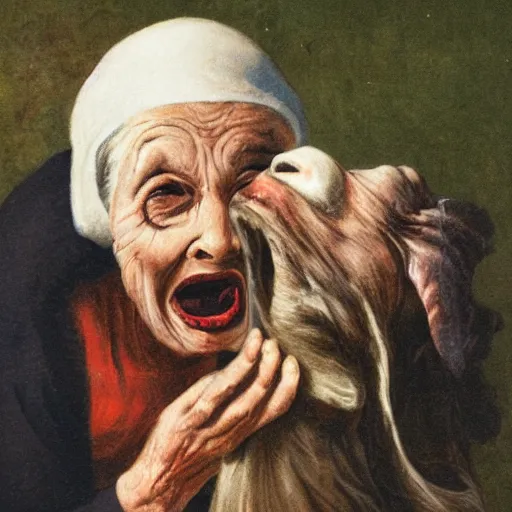 Prompt: a bizarre image of an old woman opening her mouth extremely wide and impossibly swallowing a whole goat