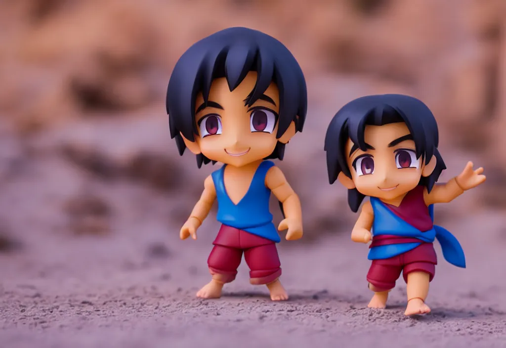 Image similar to young aladdin as nendoroid running in desert village, 8 k hd dof, kodak film,