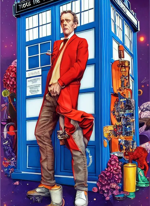 Image similar to portrait of hugh laurie standing next to the tardis from doctor who, portrait, pixar style, by tristan eaton stanley artgerm and tom bagshaw.