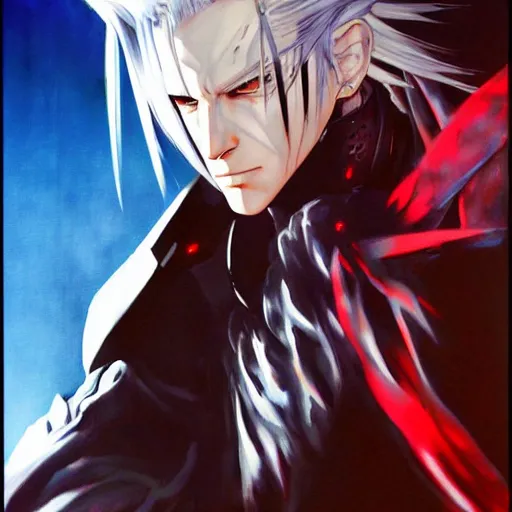 Image similar to a painting of sephiroth by yoji shinkawa, metal gear solid artwork, strong lines and bold colors, limited color palette, atmosphere and tension, japanese, trending on artstation
