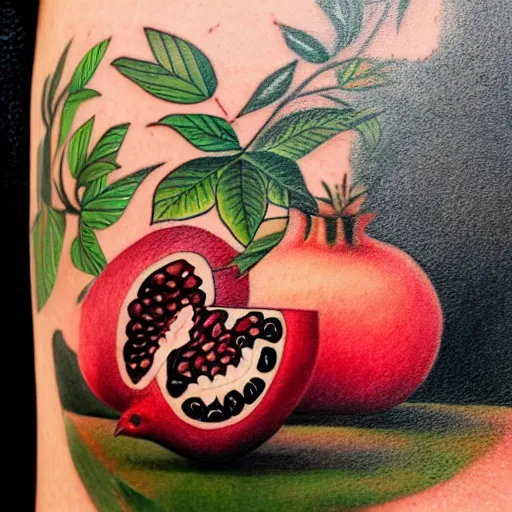 Image similar to a beautiful ultradetailed tattoo drawing of a still life with an open pomegranate in naïve art style by henry rousseau, trending on art station, 4K