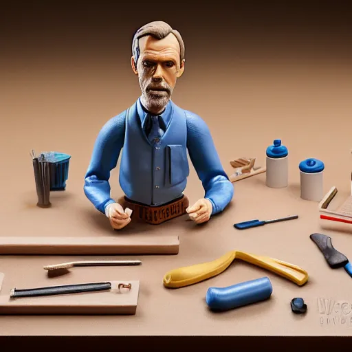 Image similar to product photography of a plasticine action figure hugh laurie on a workbench, depth of field, zeiss lens, detailed, centered, by erwin olaf, joop geesink, wes anderson, breathtaking, 8 k resolution, extremely detailed, beautiful, establishing shot, realistic materials, hyperrealistic