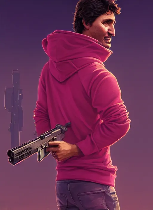 Prompt: highly detailed portrait justin trudeau in ( ( fuschia hoody ) ) holding ar - 1 5! in gta v stephen bliss unreal engine fantasy art by greg rutkowski loish rhads ferdinand knab makoto shinkai lois van baarle ilya kuvshinov rossdraws tom bagshaw global illumination radiant light detailed intricate environment