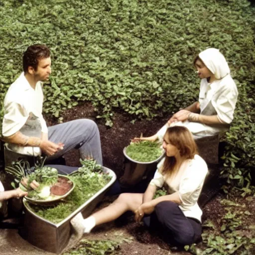 Prompt: humans on the floor eating out of a trough in an organic plant - based moonbase