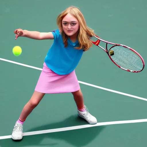 Prompt: children drawing of Dakota Fanning playing tennis