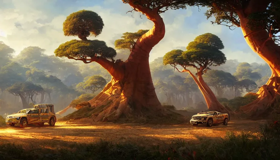 Image similar to mahindra that driving through madagascar road with baobabs trees, animals running along, artgerm and greg rutkowski and alphonse mucha, an epic fantasy, volumetric light, detailed, establishing shot, an epic fantasy, trending on art station, octane render, midsommar