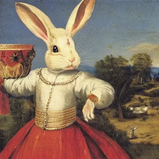 Image similar to a rabbit dressed as a queen, 17th century oil painting