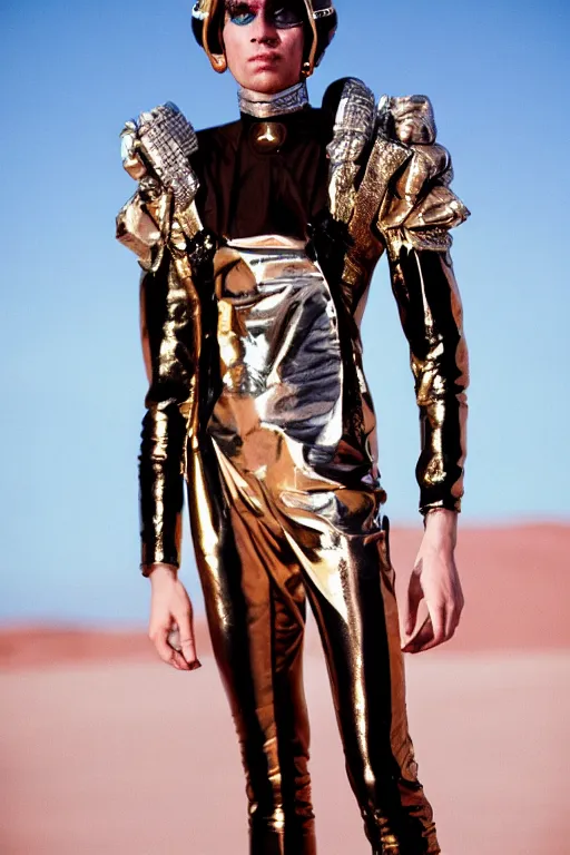 Image similar to portrait davis taylor brown dressed in 1 9 8 1 space fantasy fashion, avante garde, shiny metal, standing in a desert